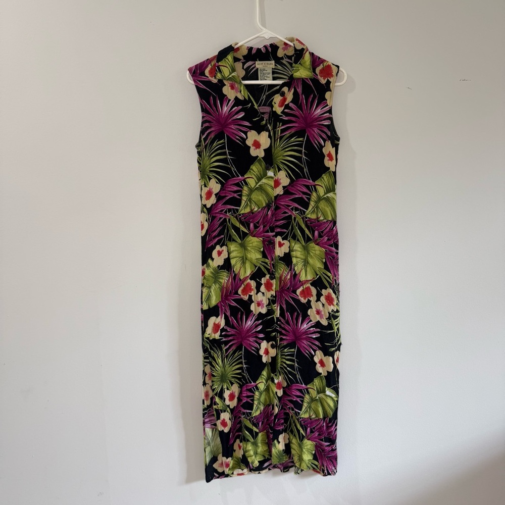 VINTAGE | Hawaiian Button-Up Sleeveless Midi Dress with Collar | Small